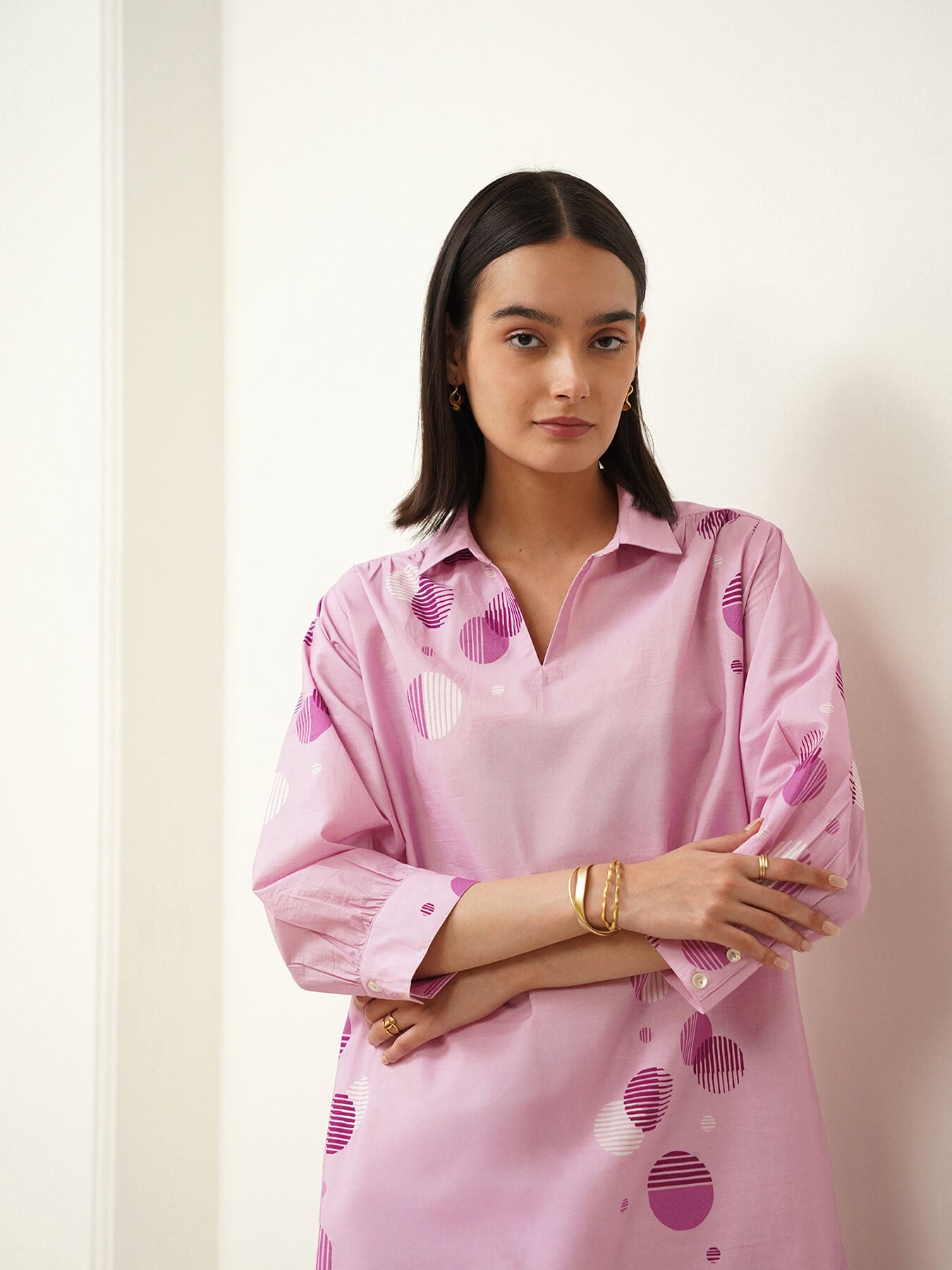 Cotton Polka Flared Kurta Set - Purple