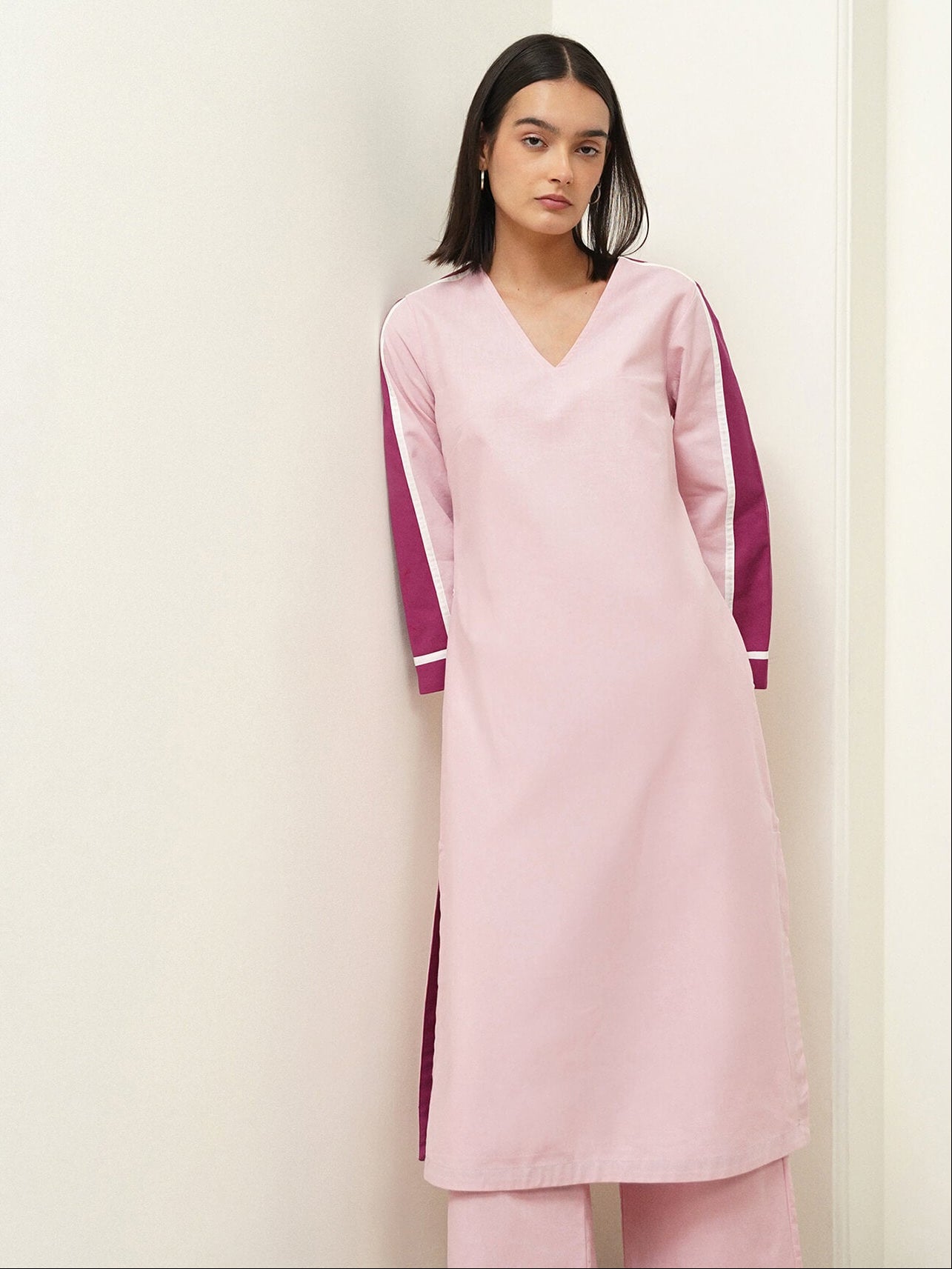Linen Blend Colourblock Kurta Set - Pink