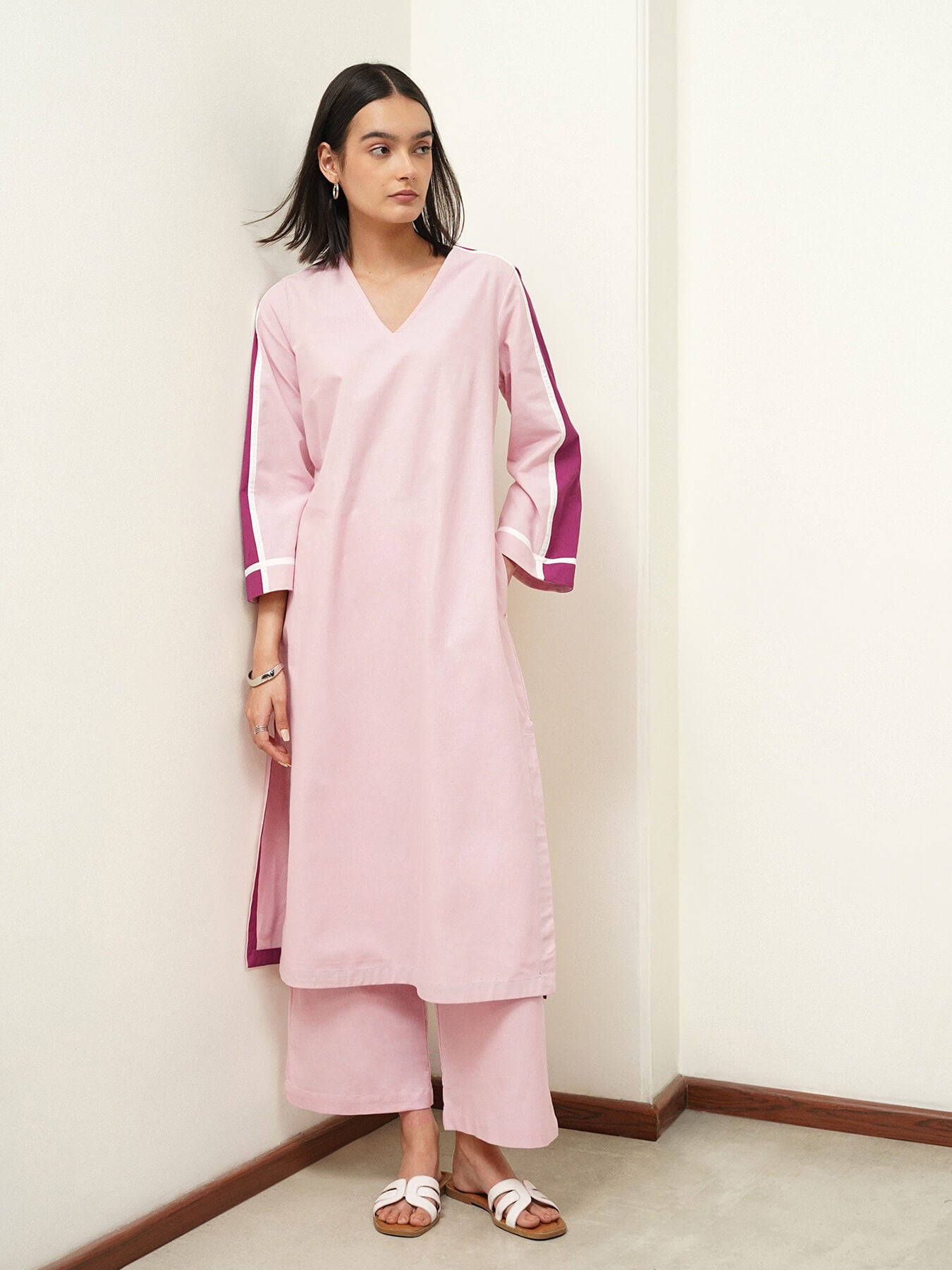 Linen Blend Colourblock Kurta Set - Pink