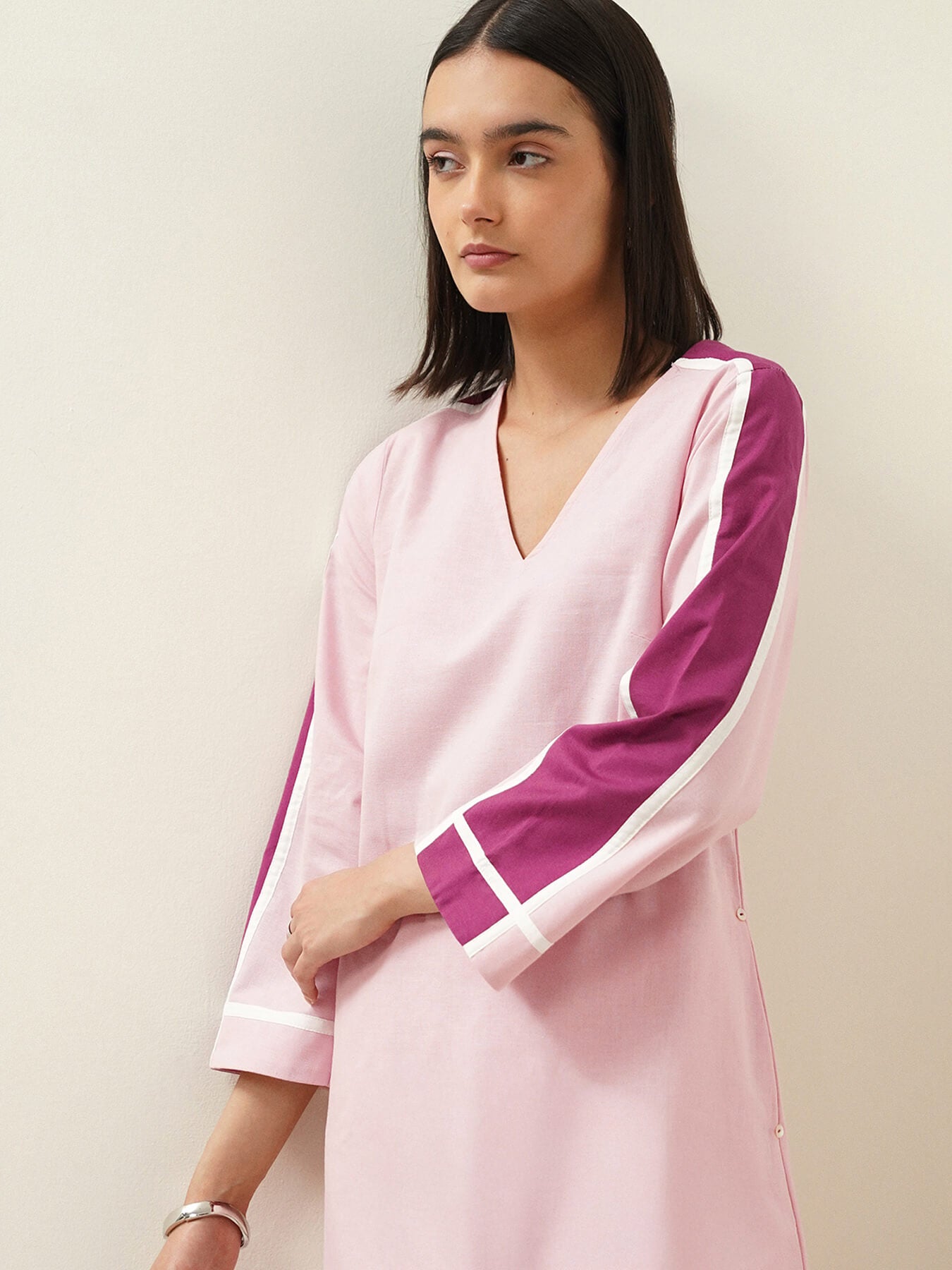 Linen Blend Colourblock Kurta Set - Pink