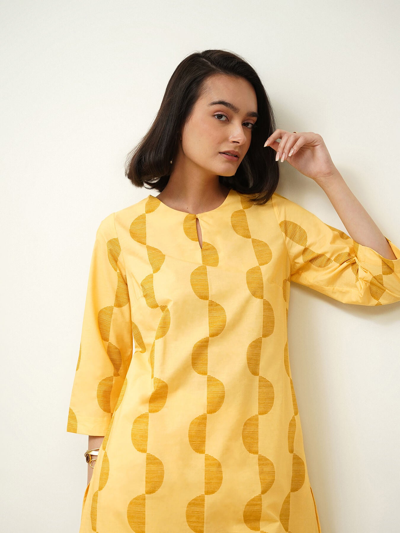 Cotton Geometric Straight Kurta Set - Yellow