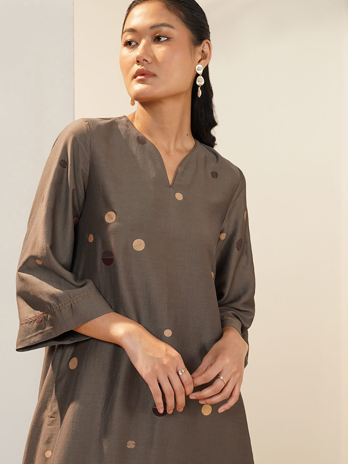 Silk Blend Geometric Kurta Set - Grey