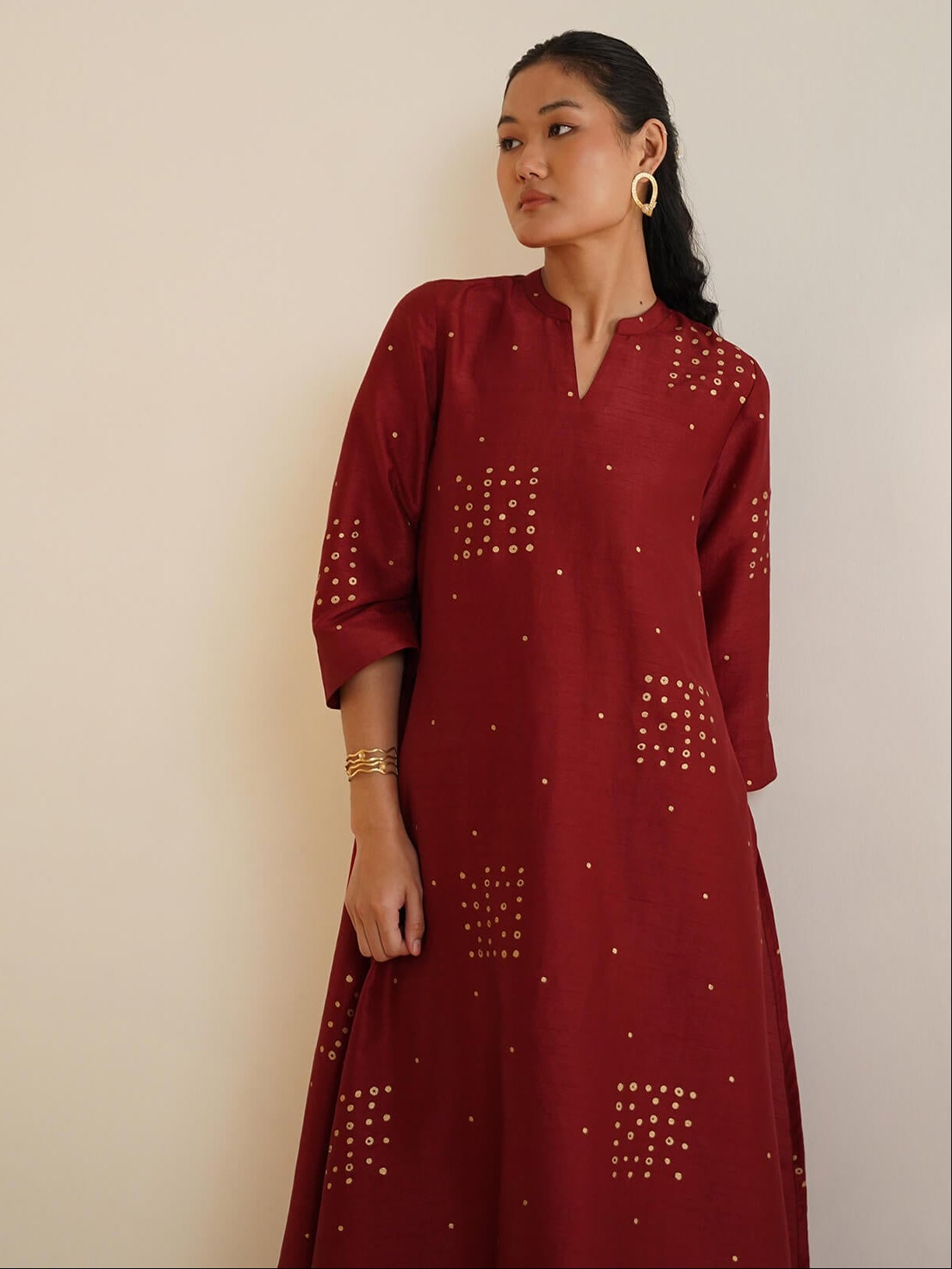 Silk Blend Geometric Kurta Set - Red