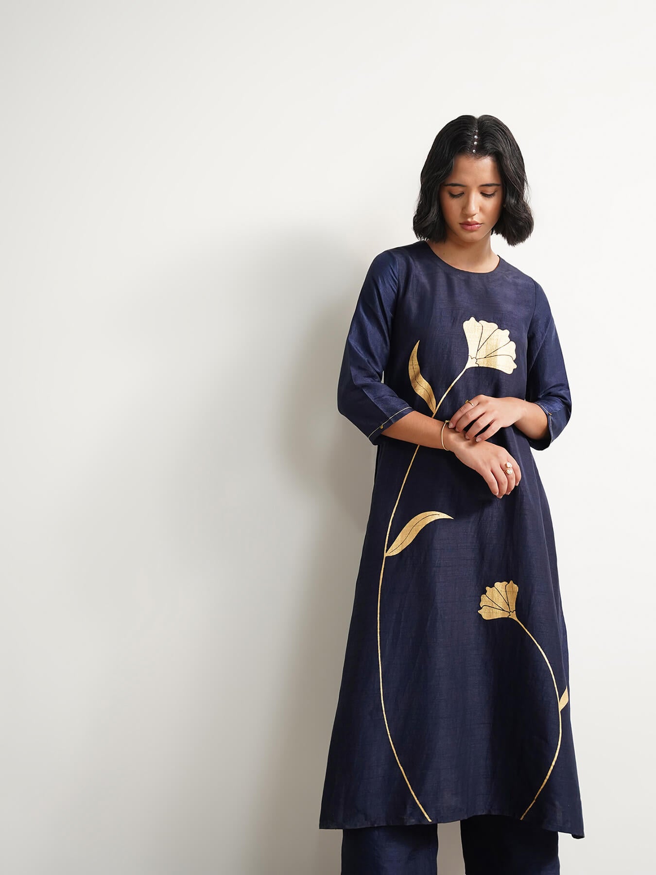 Silk Blend Gold Floral Print Kurta Set - Navy Blue