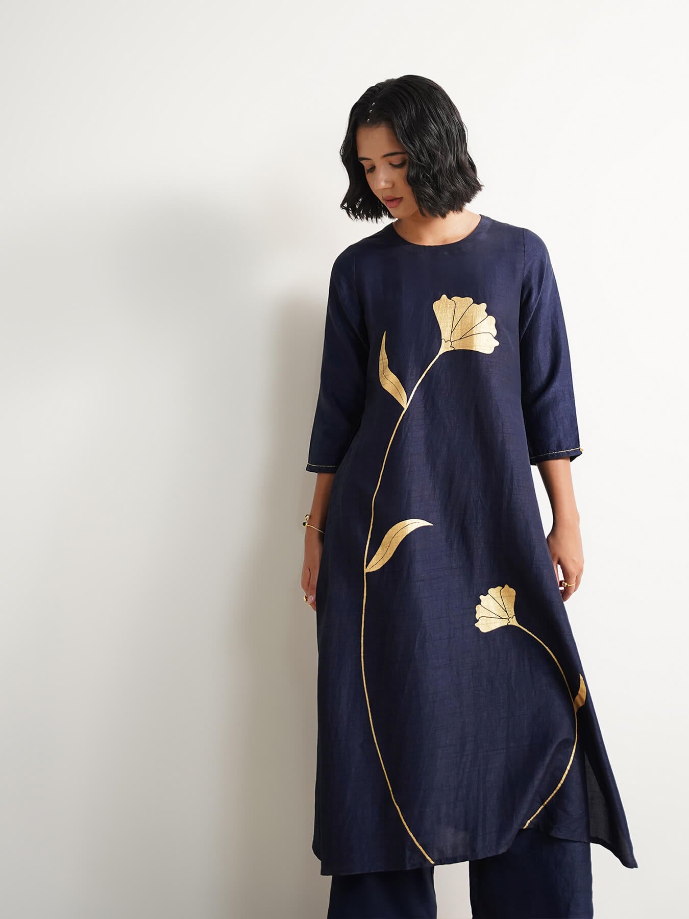 Silk Blend Gold Floral Print Kurta Set - Navy Blue