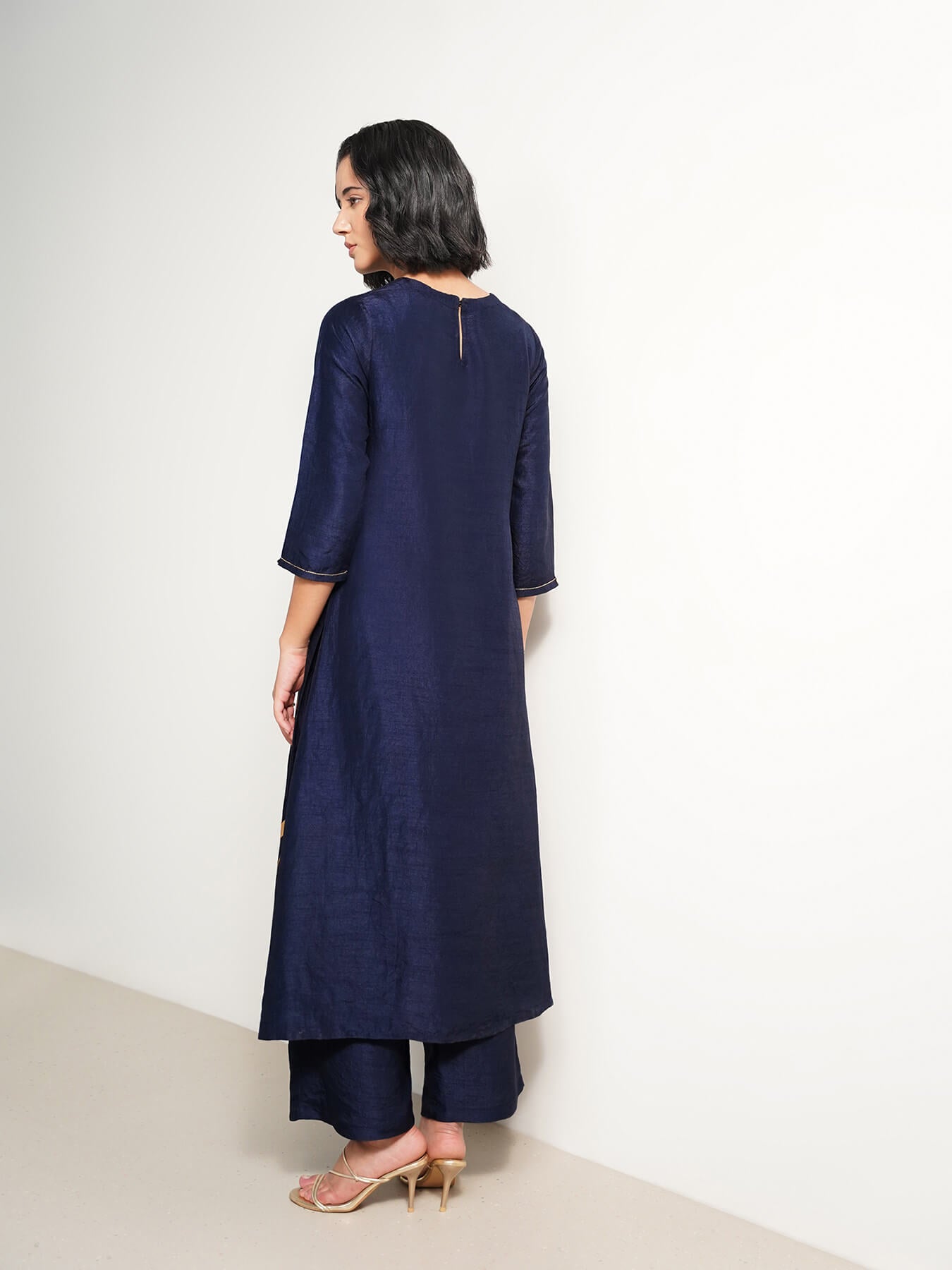 Silk Blend Gold Floral Print Kurta Set - Navy Blue