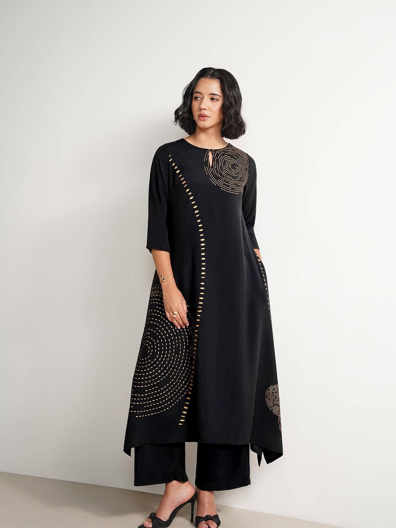 Silk Blend Geometric A-Line Kurta Set - Black