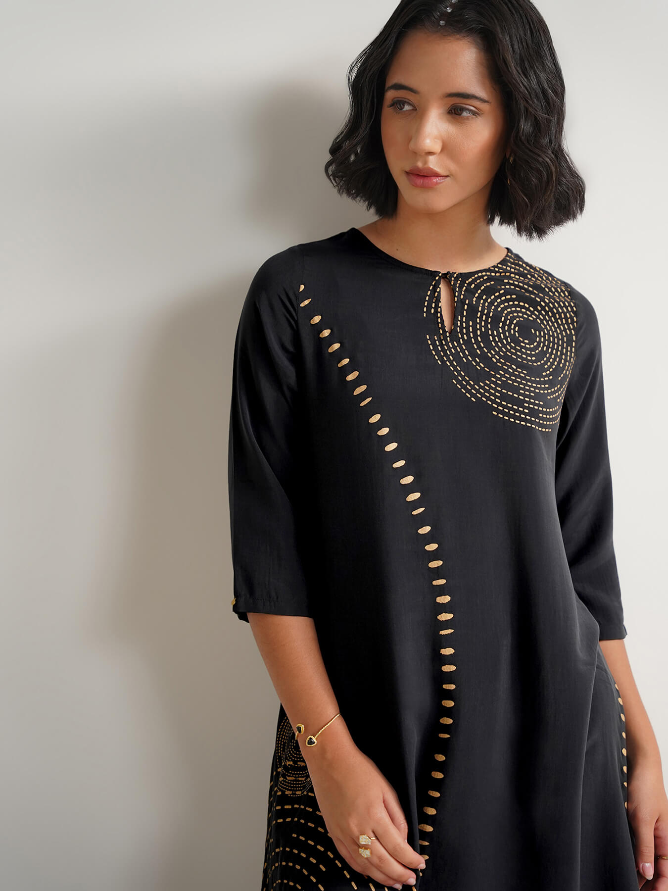 Silk Blend Geometric A-Line Kurta Set - Black