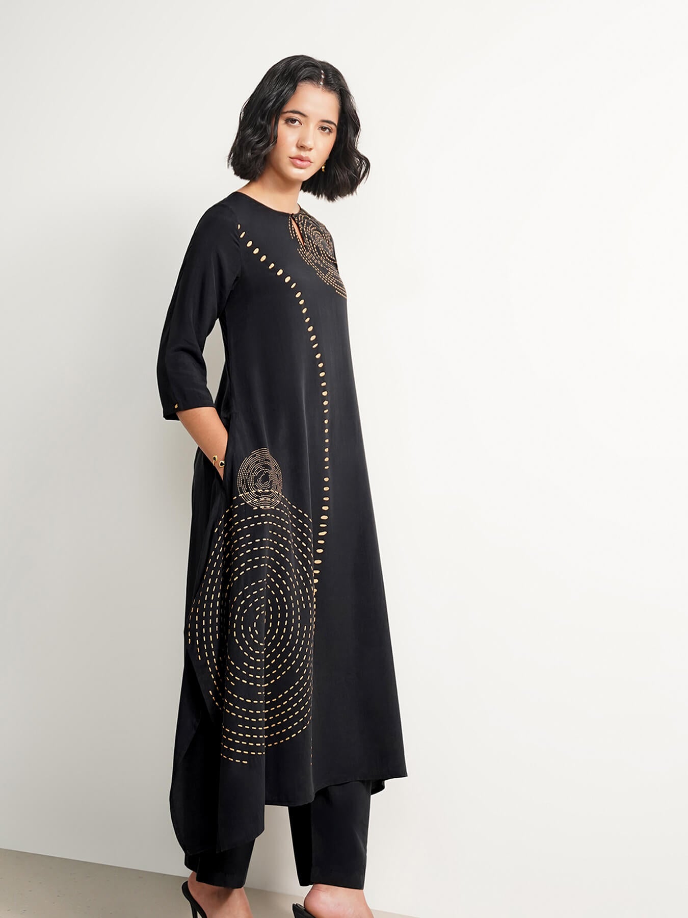 Silk Blend Geometric A-Line Kurta Set - Black