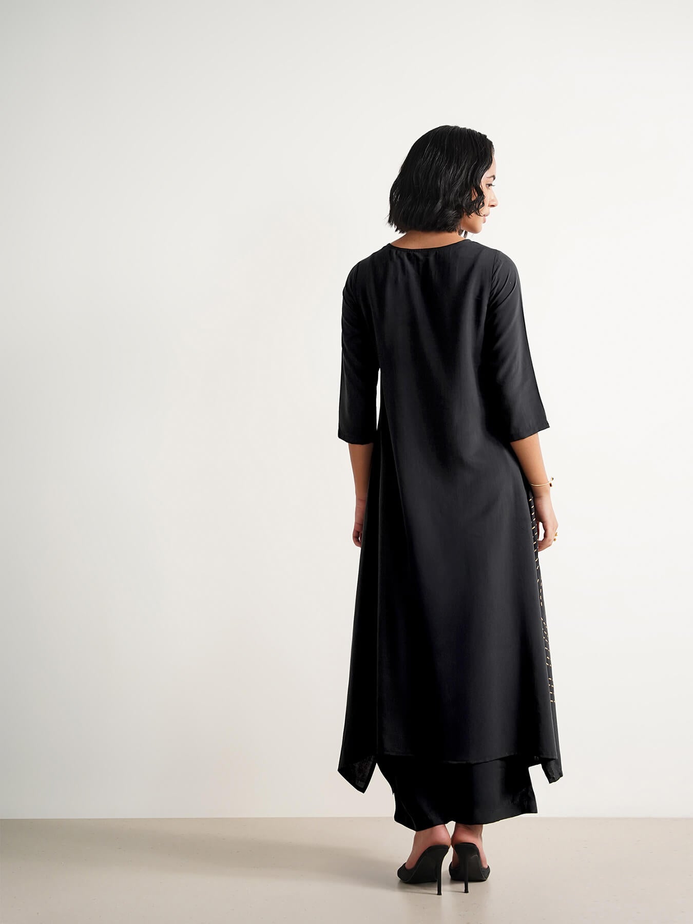 Silk Blend Geometric A-Line Kurta Set - Black