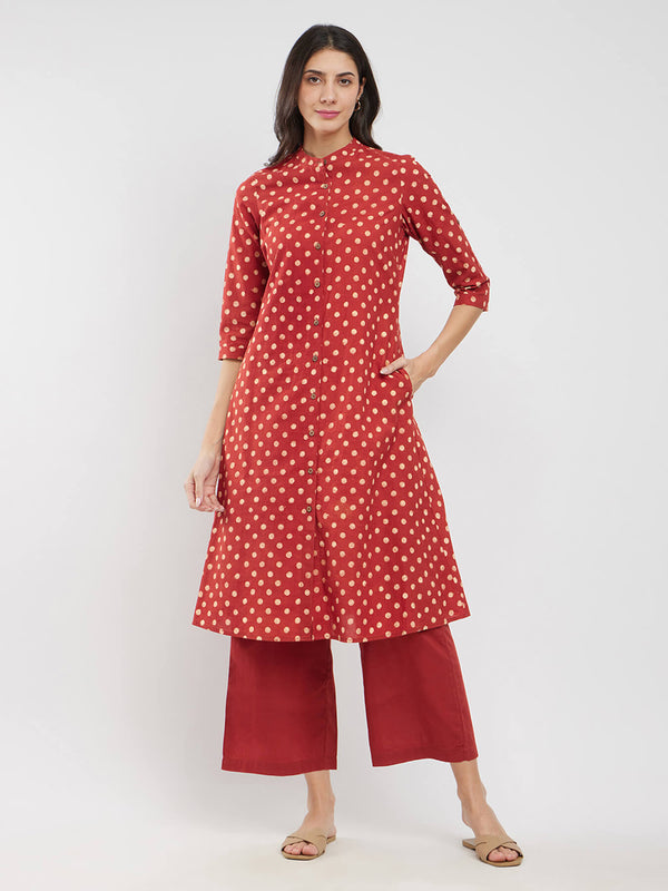 Cotton Ajrakh Polka Print Kurta Set - Red