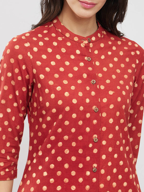 Cotton Ajrakh Polka Print Kurta Set - Red