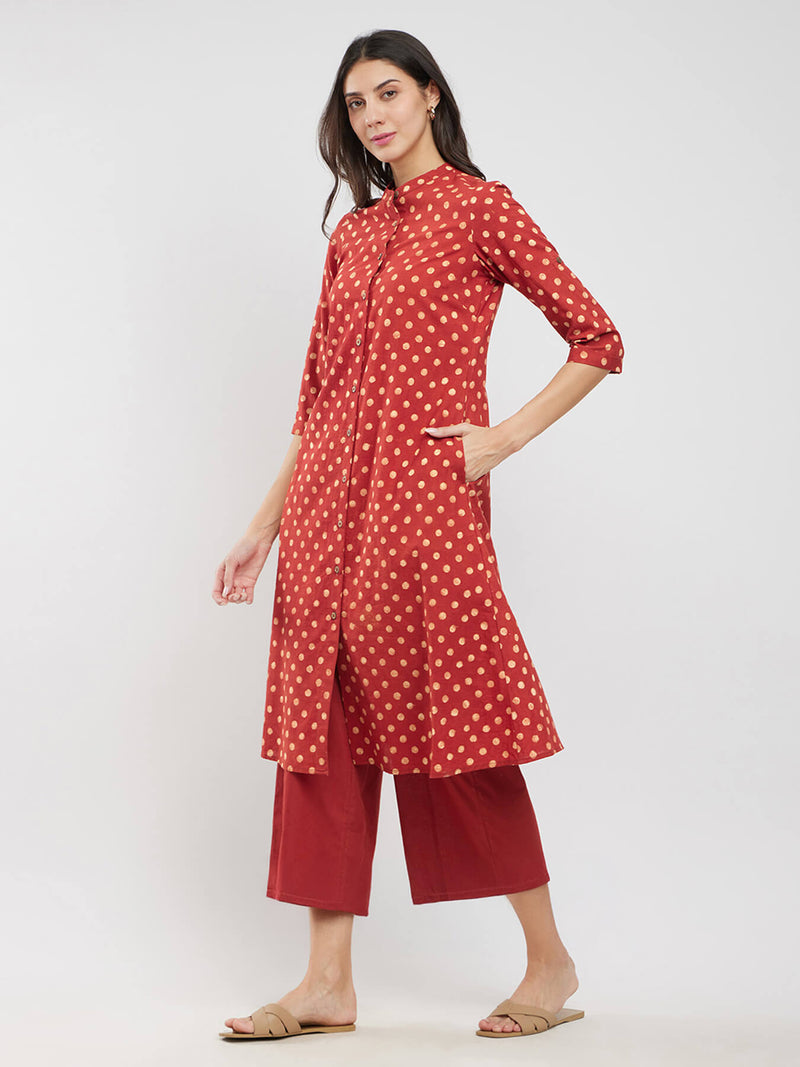 Cotton Ajrakh Polka Print Kurta Set - Red