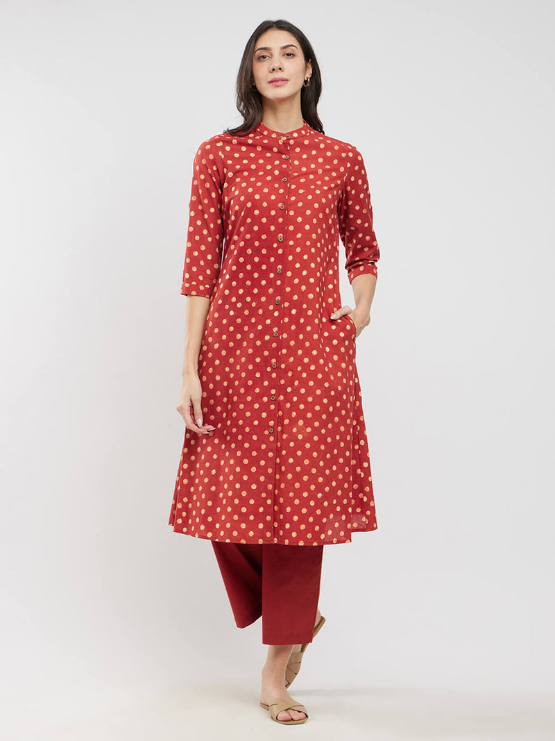 Cotton Ajrakh Polka Print Kurta Set - Red