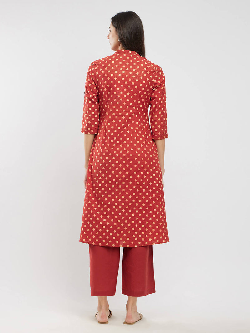 Cotton Ajrakh Polka Print Kurta Set - Red