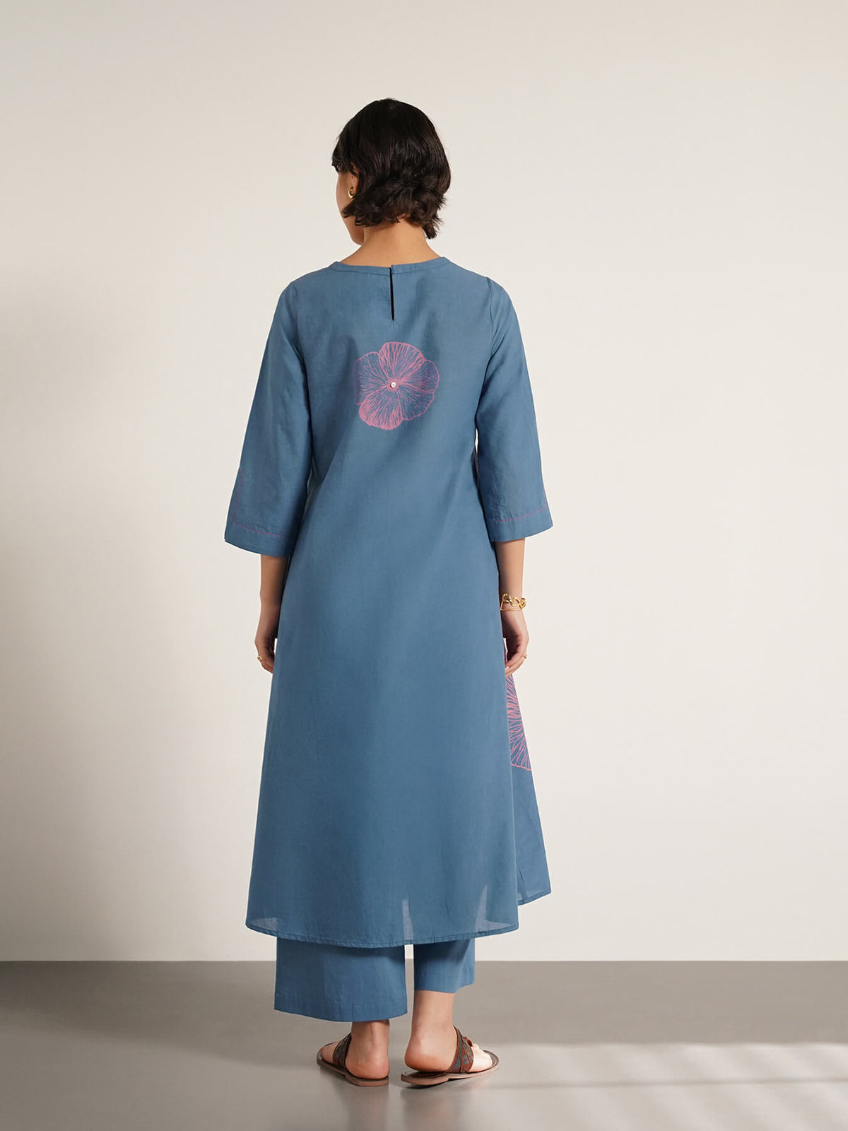 Cotton Placement Floral Print Kurta Set - Blue