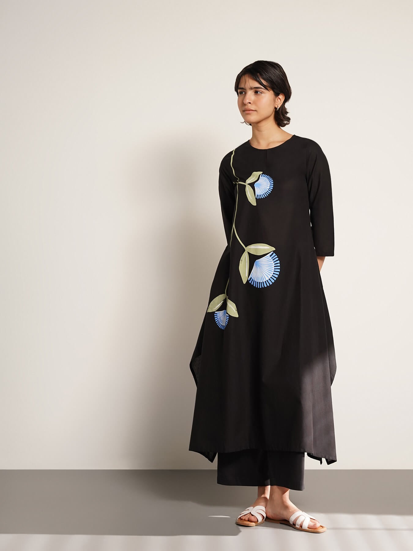 Cotton Asymmetric Floral Kurta Set - Black