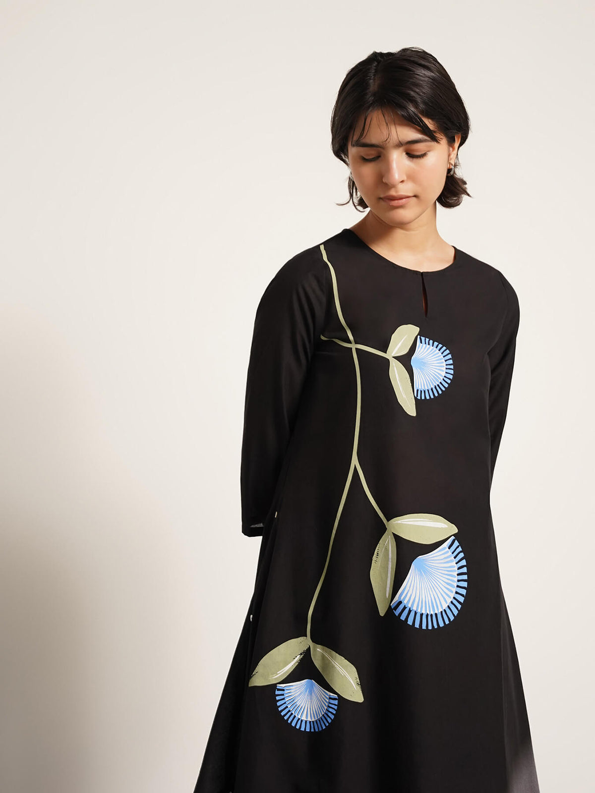Cotton Asymmetric Floral Kurta Set - Black