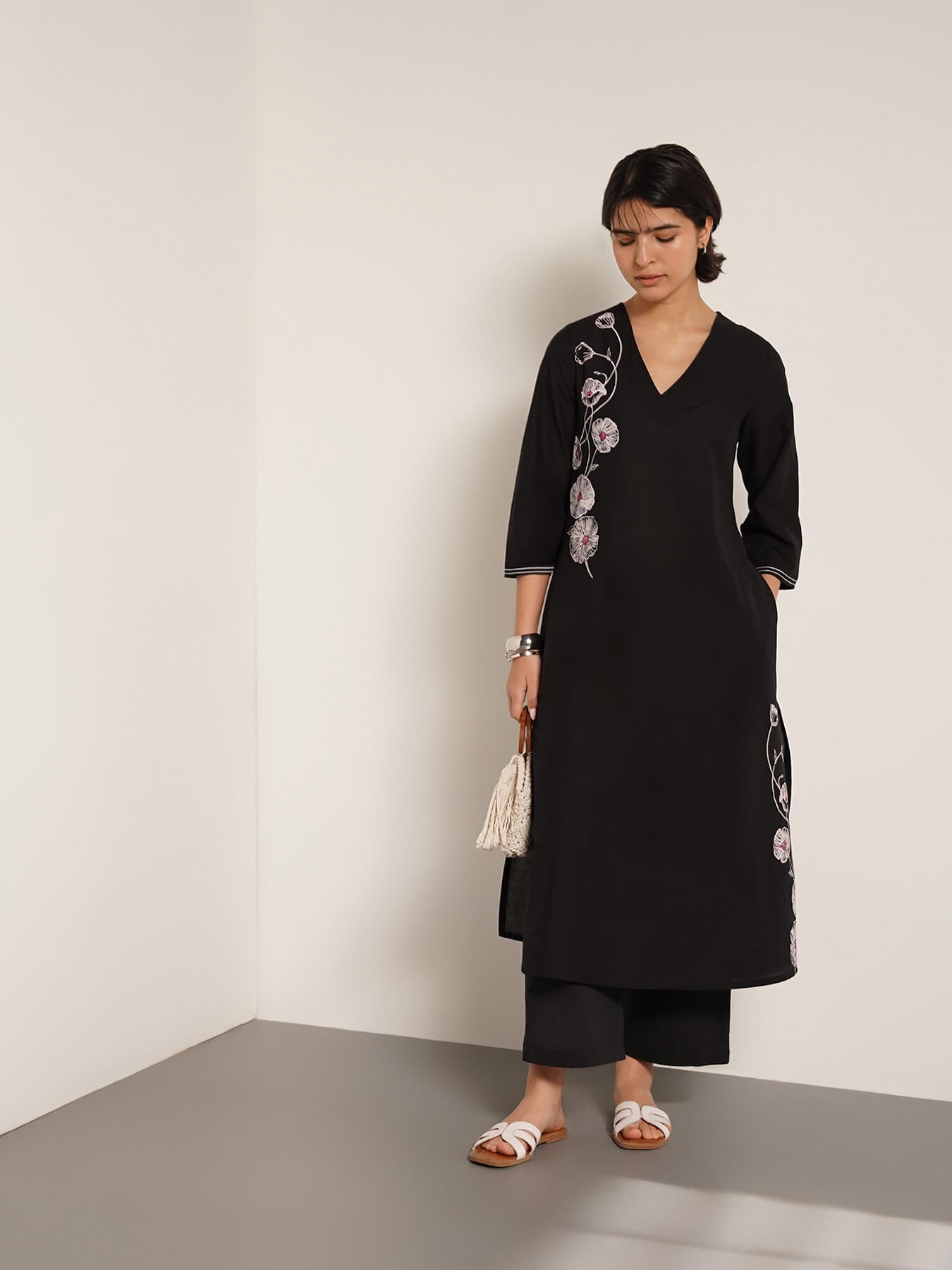 Cotton Floral Placement Print Kurta Set - Black