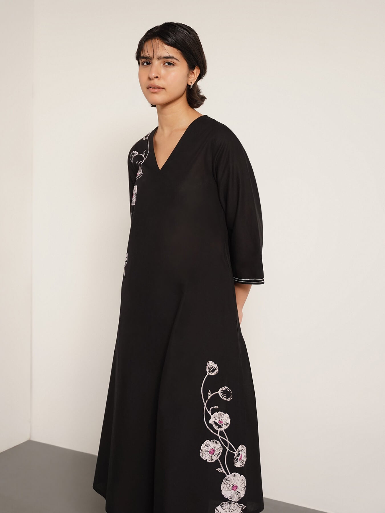 Cotton Floral Placement Print Kurta Set - Black