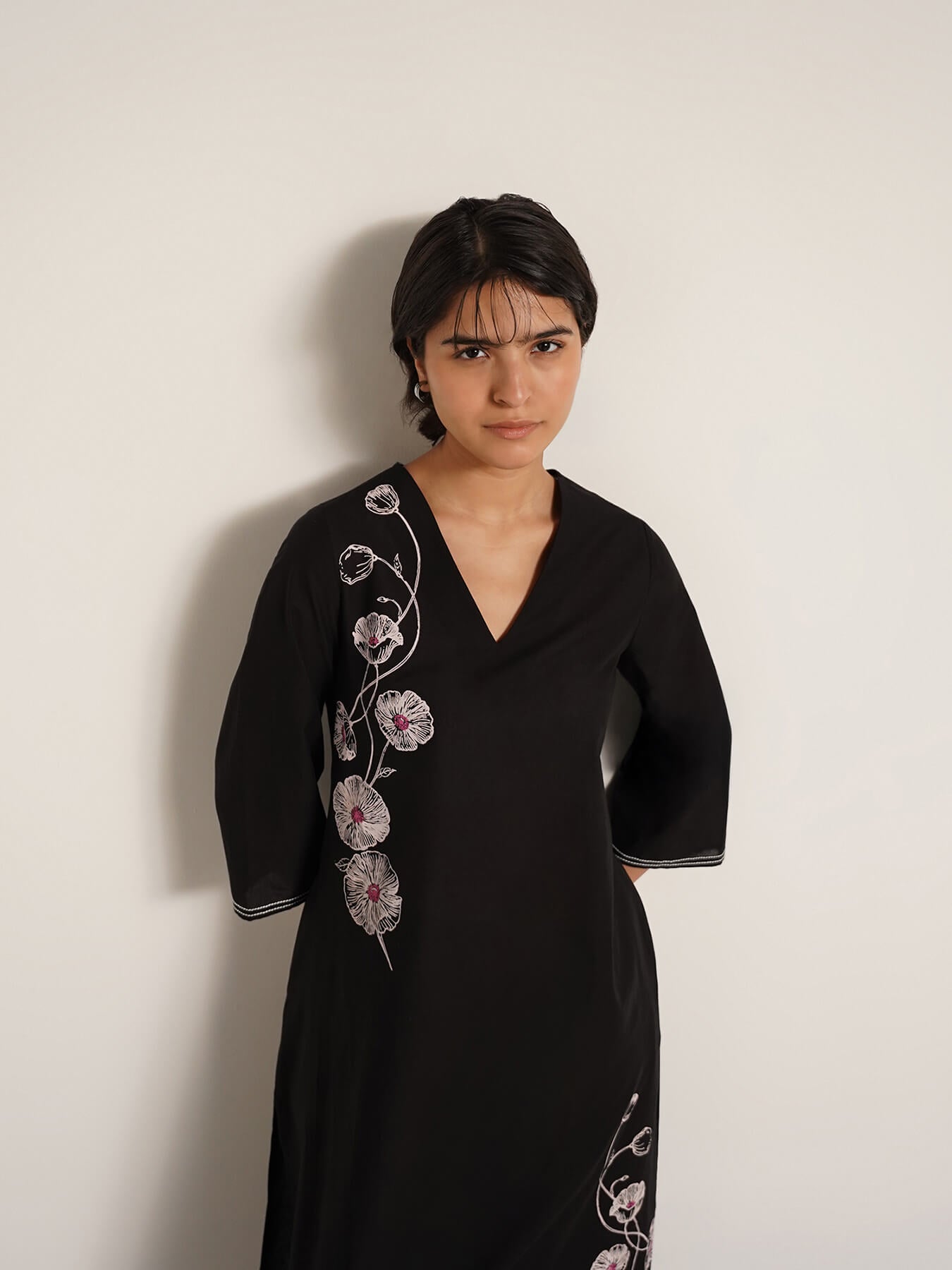 Cotton Floral Placement Print Kurta Set - Black