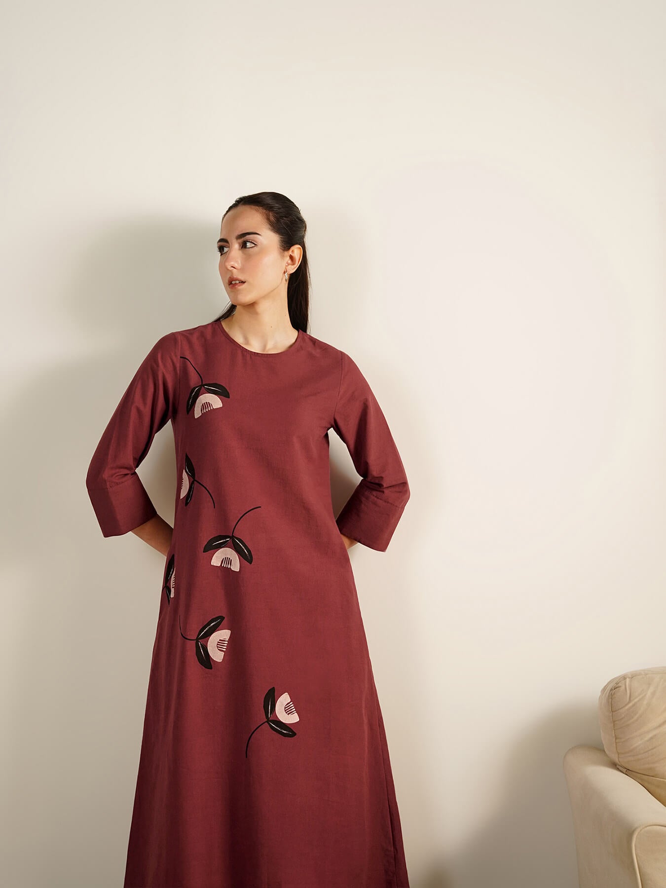 Cotton Floral Placement Print Kurta Set - Brown