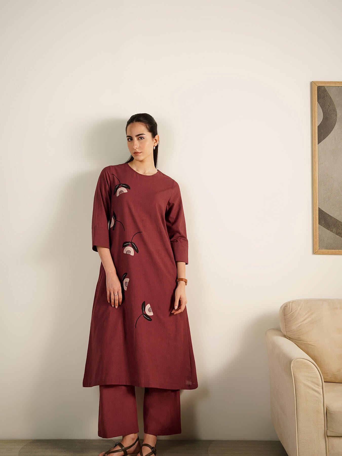 Cotton Floral Placement Print Kurta Set - Brown