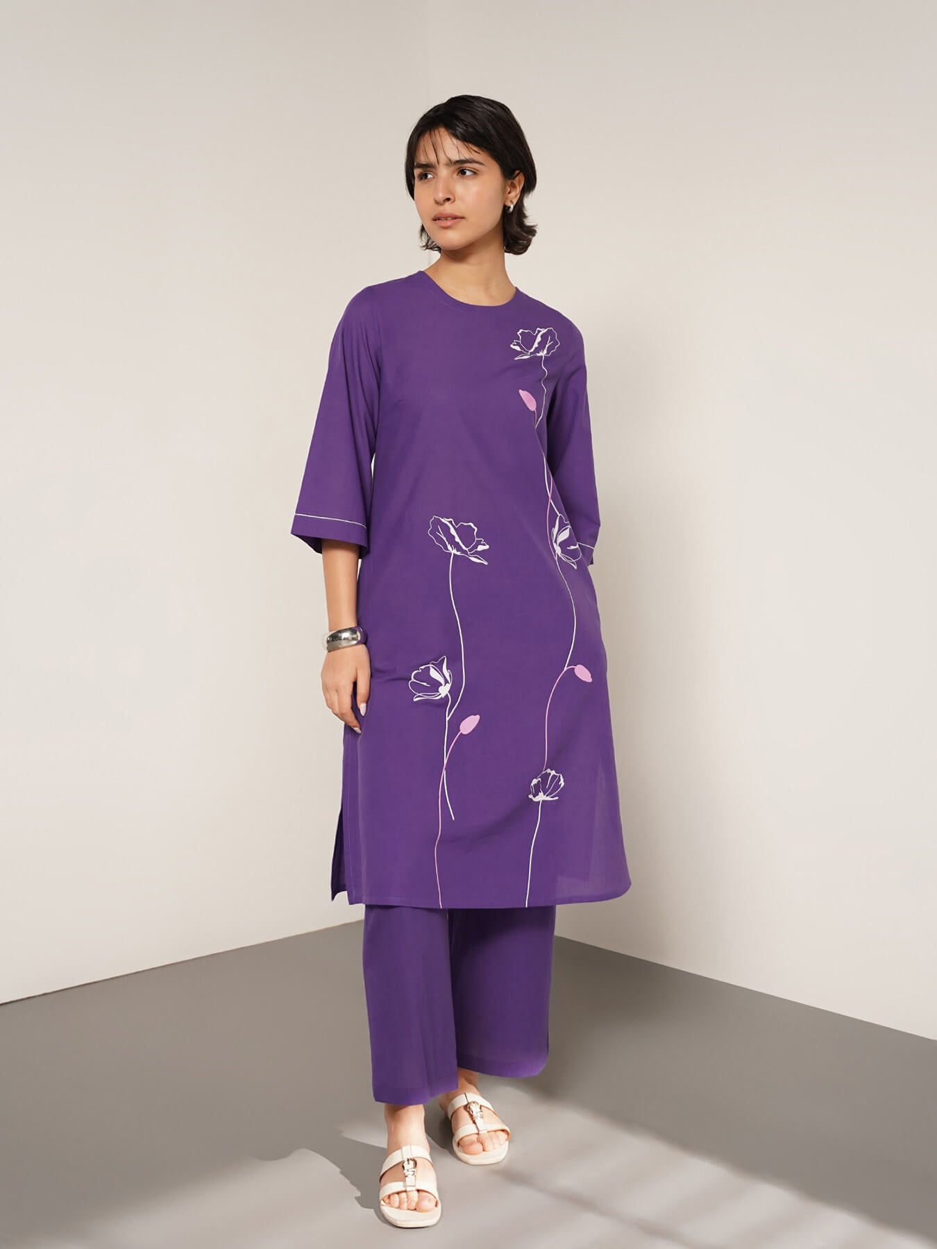 Cotton Placement Floral Print Kurta Set - Purple