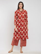 Cotton Ajrakh Floral Kurta Set - Red & Beige