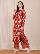 Cotton Ajrakh Floral Kurta Set - Red & Beige