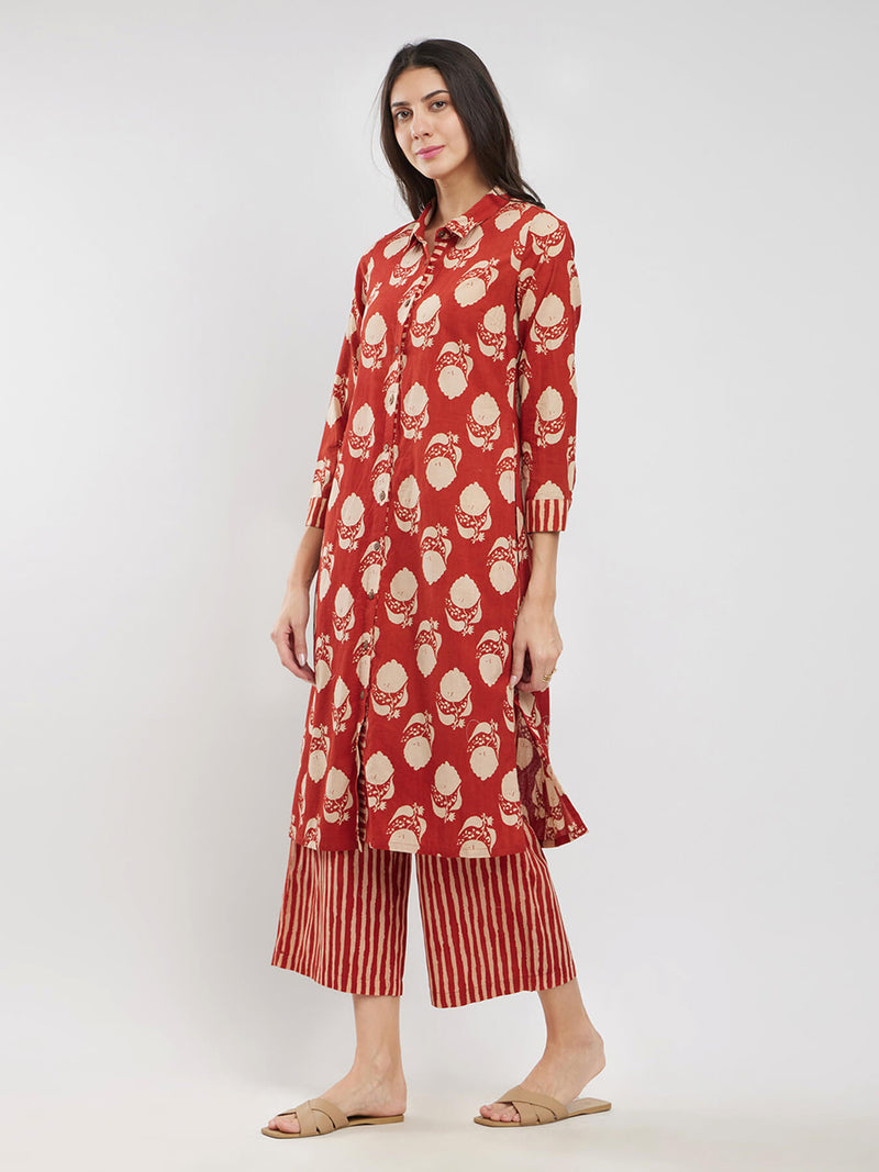 Cotton Ajrakh Floral Kurta Set - Red & Beige