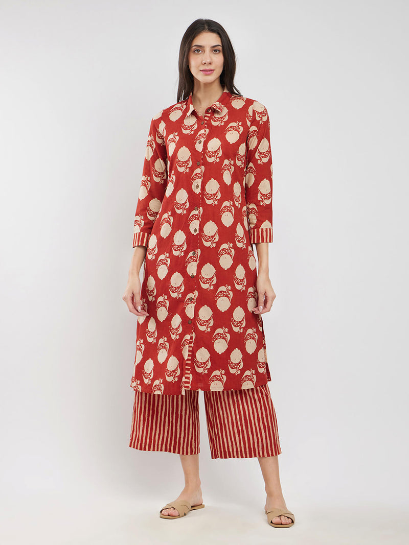 Cotton Ajrakh Floral Kurta Set - Red & Beige