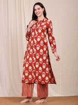 Cotton Ajrakh Floral Kurta Set - Red & Beige