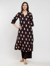 Cotton Ajrakh Geometric Print Kurta Set - Black