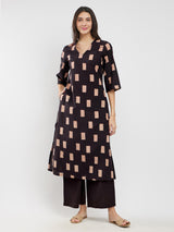 Cotton Ajrakh Geometric Print Kurta Set - Black