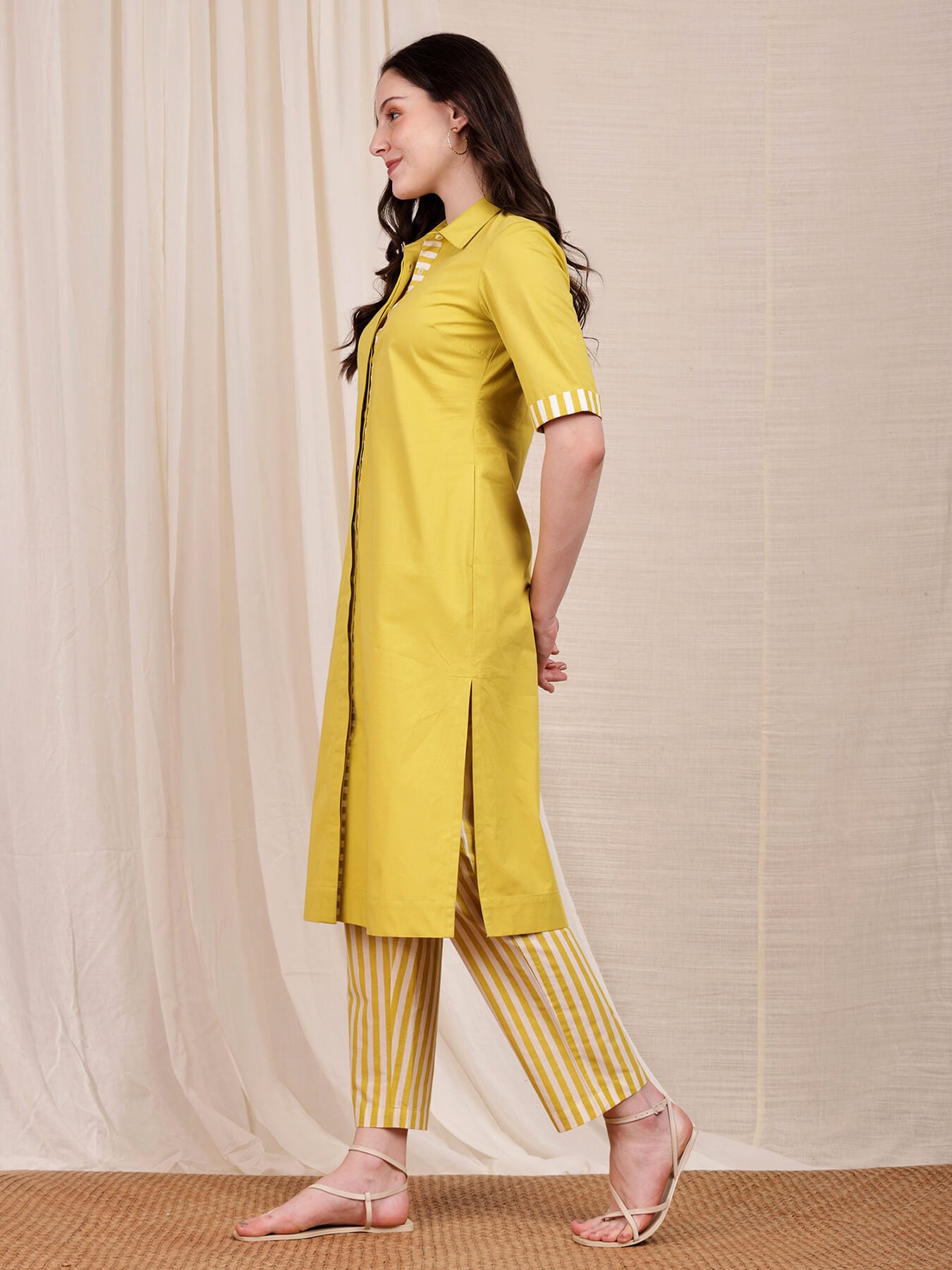 Cotton Contrast Shirt Kurta Set - Lime