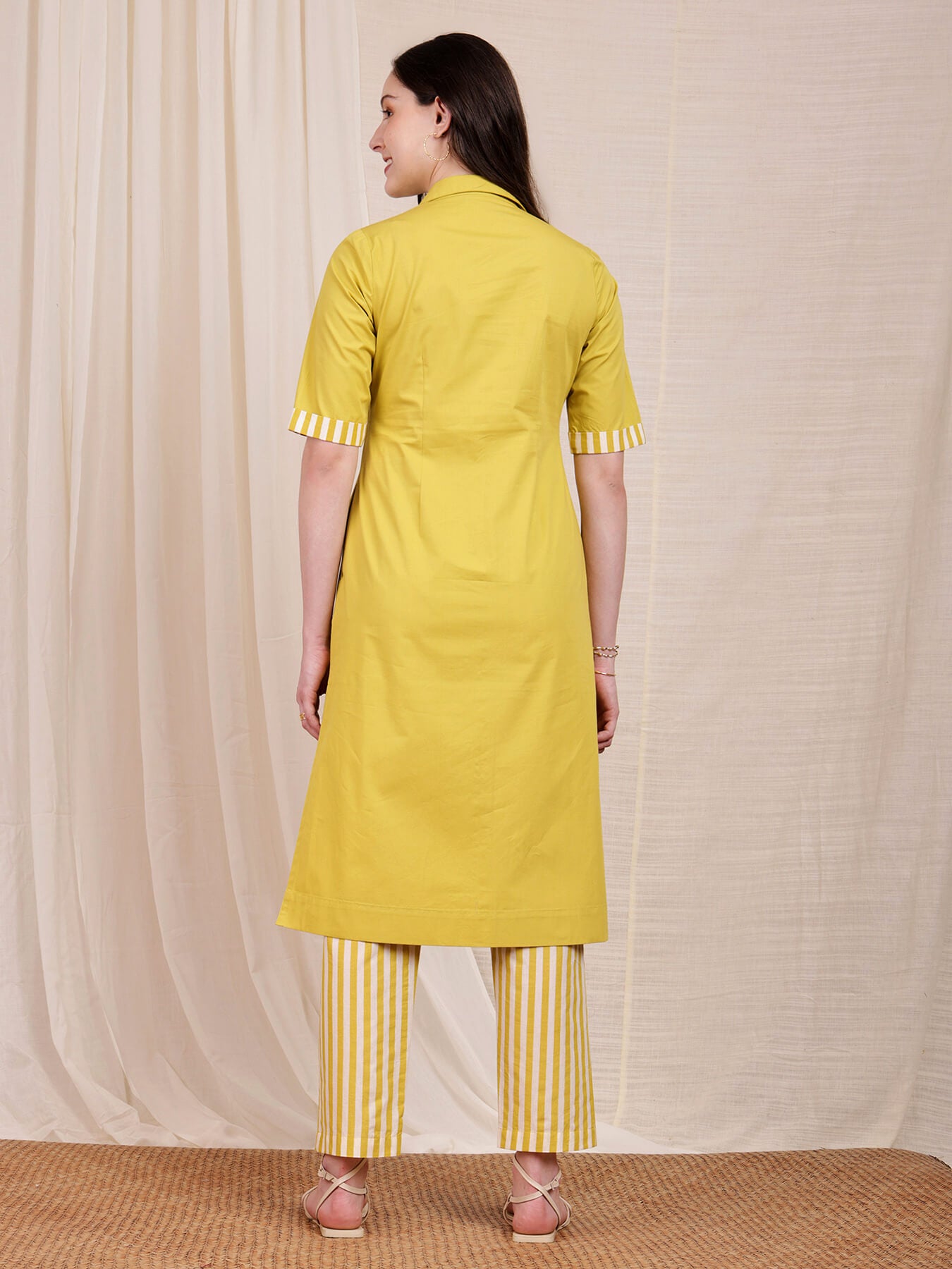 Cotton Contrast Shirt Kurta Set - Lime