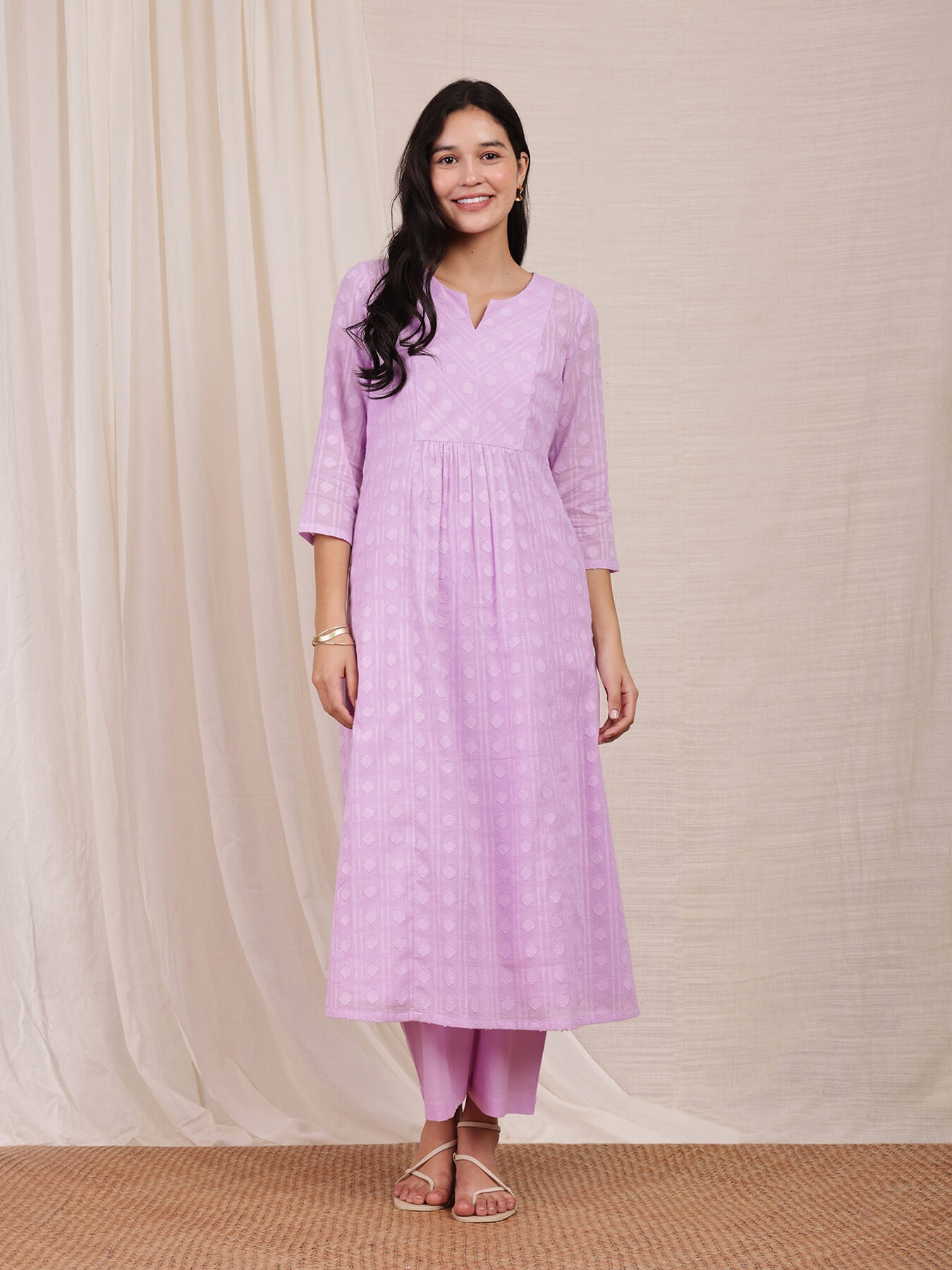 Cotton Jacquard Kurta Set - Purple