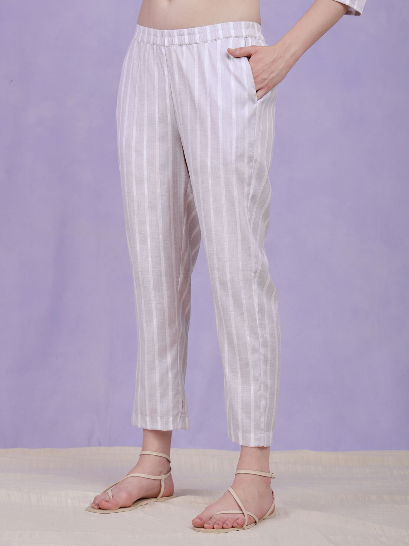 Cotton Lurex Striped Kurta Set - Grey