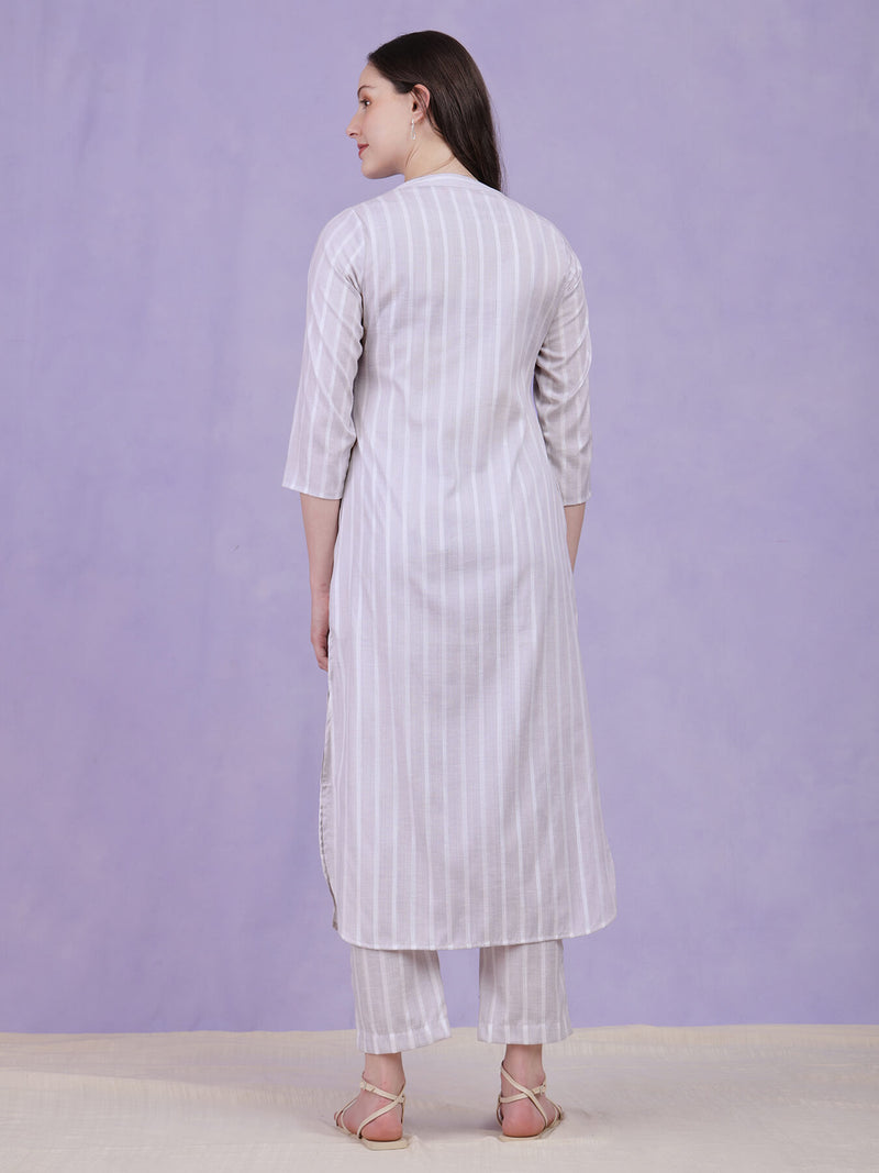 Cotton Lurex Striped Kurta Set - Grey