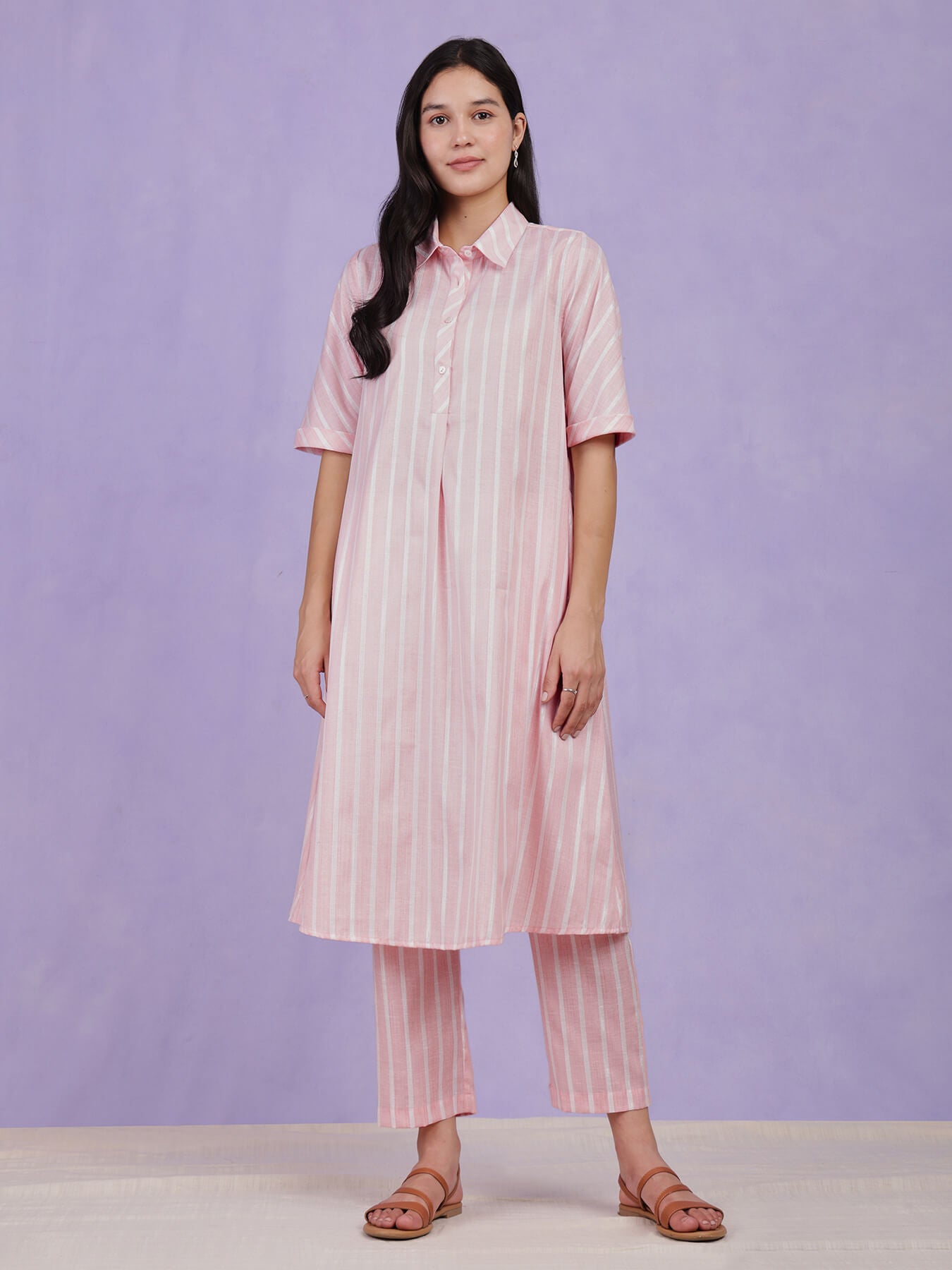 Cotton Lurex Striped Kurta Set - Pink
