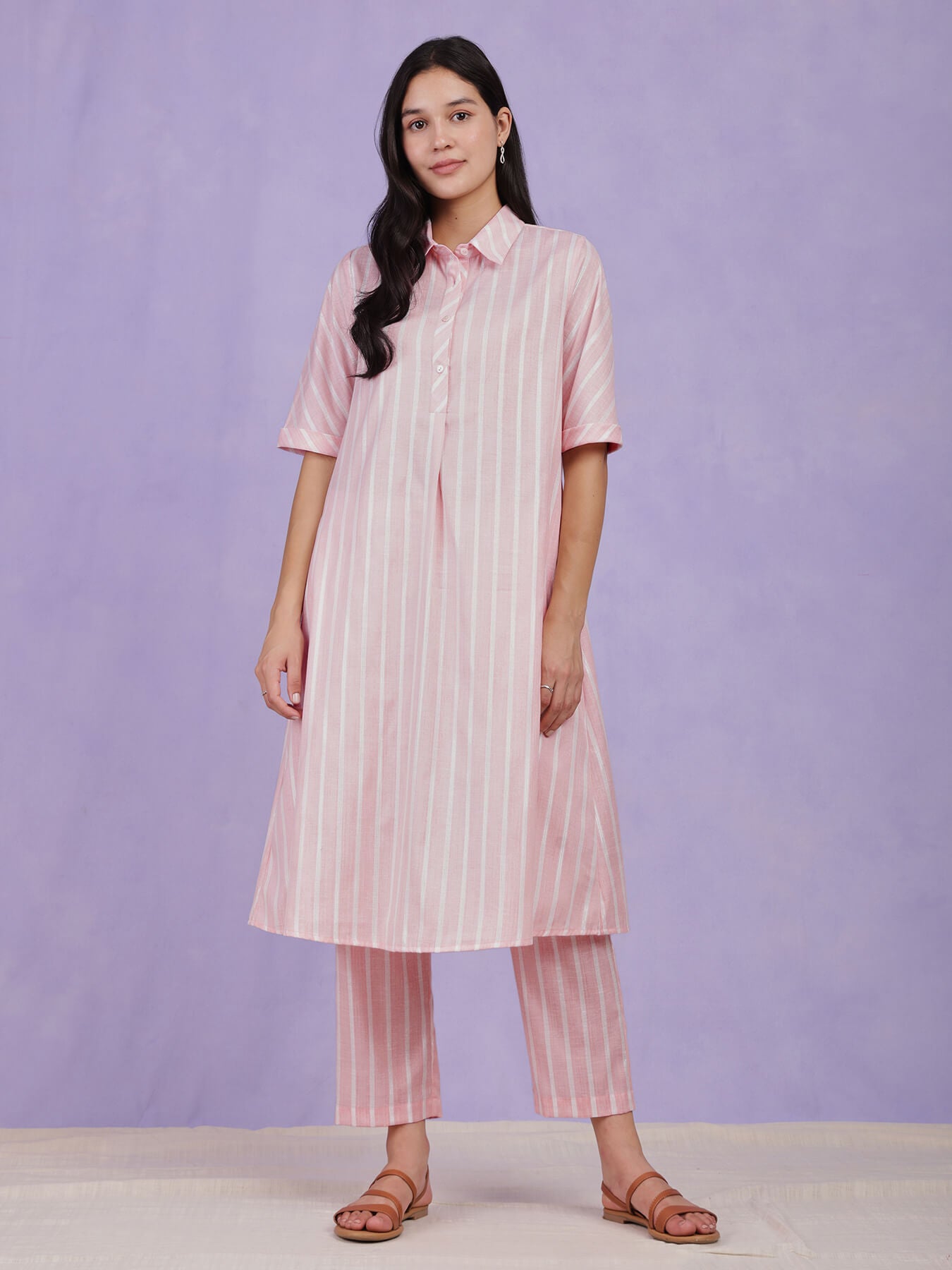 Cotton Lurex Striped Kurta Set - Pink