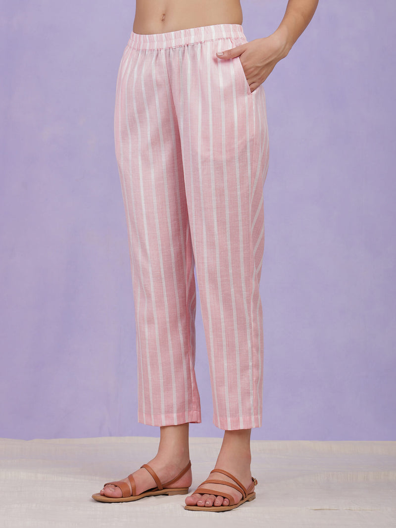 Cotton Lurex Striped Kurta Set - Pink