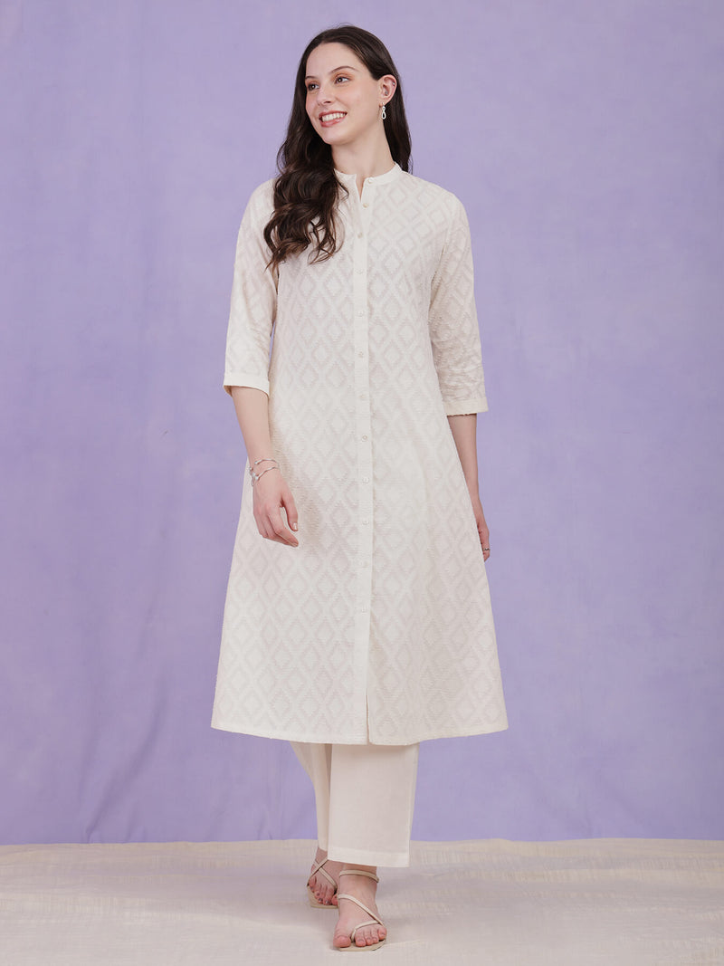 Cotton Jacquard Kurta Set - White