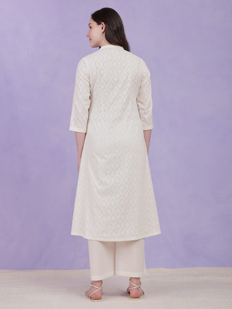 Cotton Jacquard Kurta Set - White