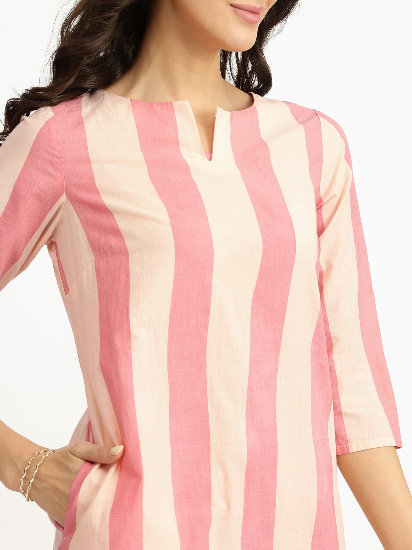 Cotton Striped Kurta Set - Peach & White