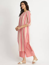 Cotton Striped Kurta Set - Peach & White