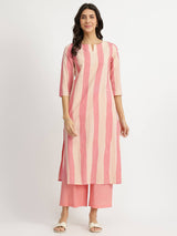 Cotton Striped Kurta Set - Peach & White