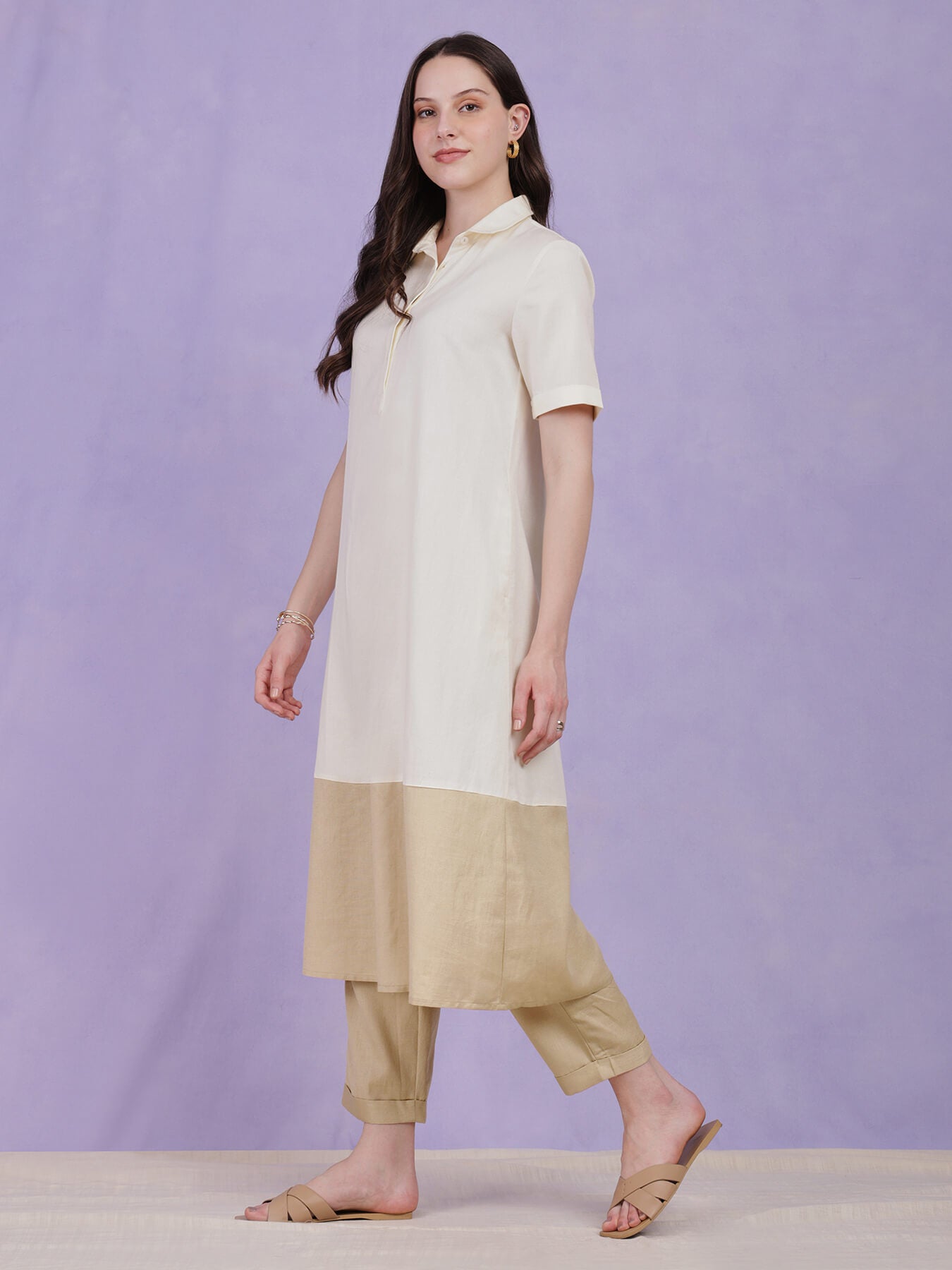 Colourblock A-Line Kurta Set - Cream & Beige