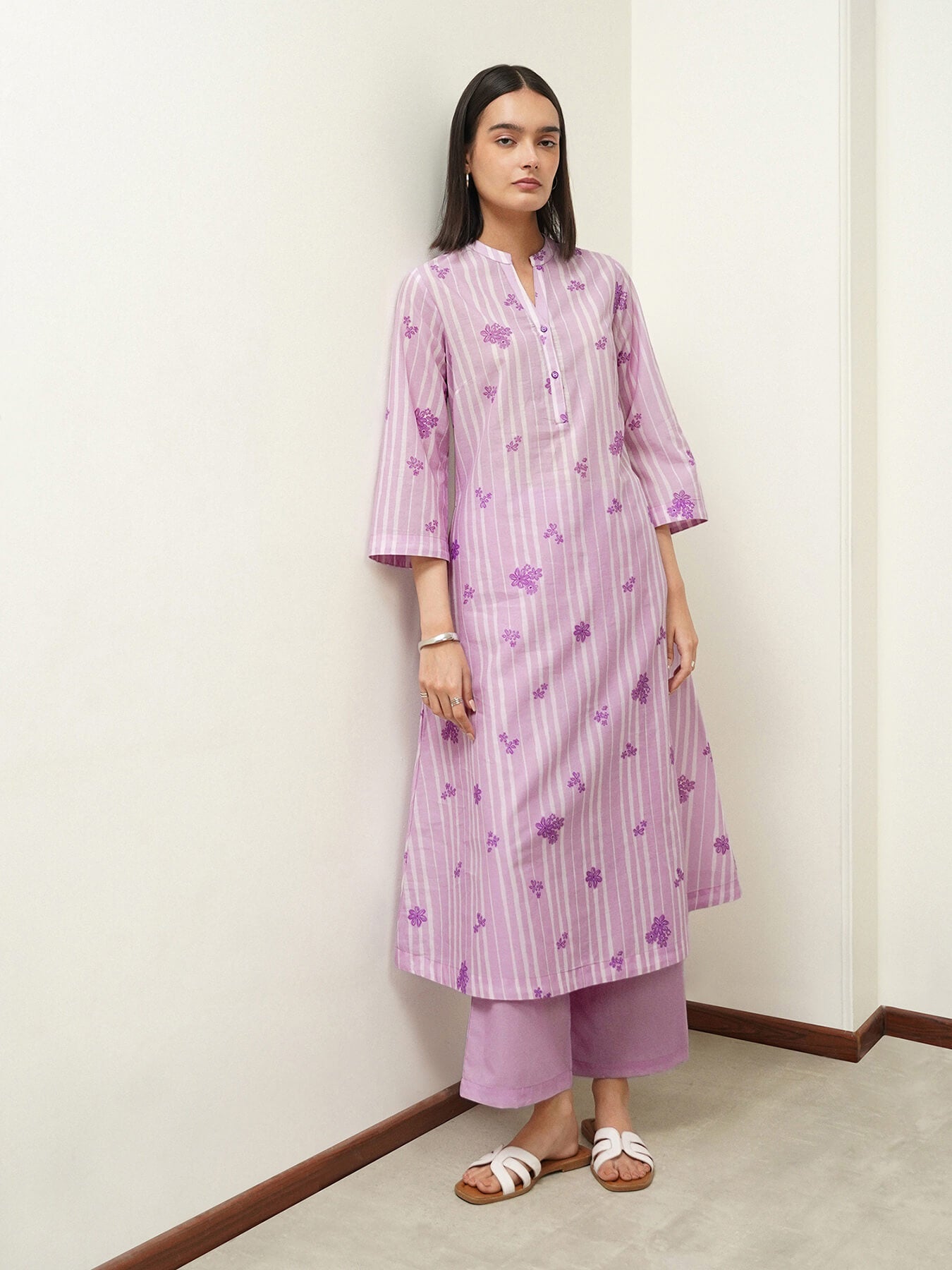 Cotton Geometric A-Line Kurta Set - Purple